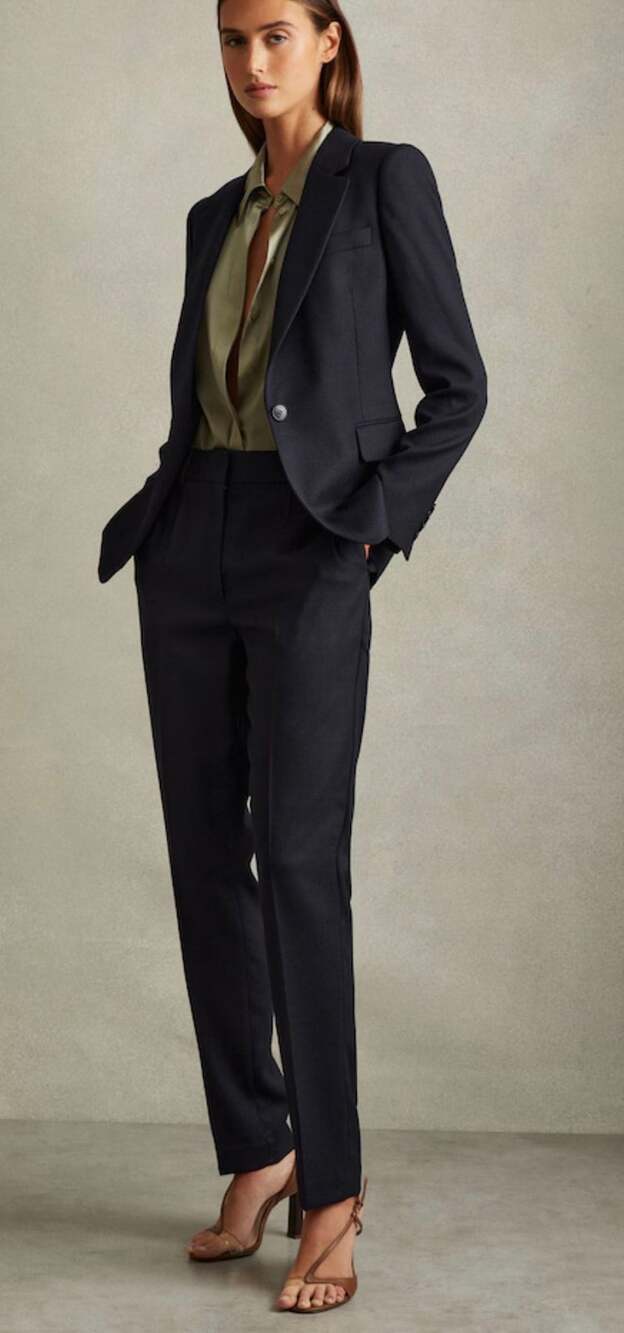 REISS Hallie Navy Textured Tailored Slim Leg Trousers US 10 NWT